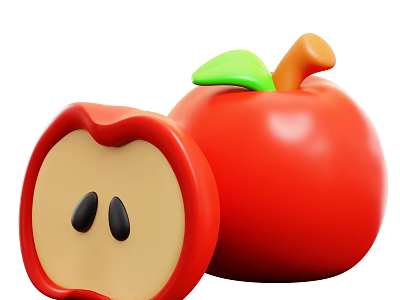 Fresh Red Apple With Green Leaf Brown Stem And Sliced Half Showing Flesh Seeds 3d model