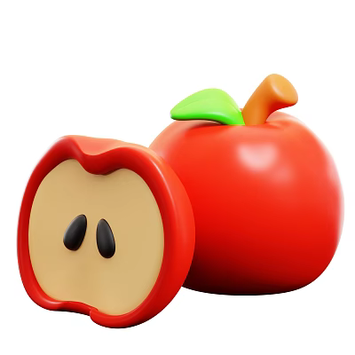 Fresh Red Apple With Green Leaf Brown Stem And Sliced Half Showing Flesh Seeds 3d model