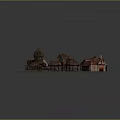 Cartoon Scene With Small Houses And Red Roofs On Stone Tile Ground