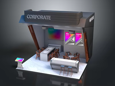 Modern Corporate Booth Interior Design With Display Screens Tables Chairs And Bar Counter 3d model