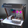 Modern Corporate Booth Interior Design With Display Screens Tables Chairs And Bar Counter