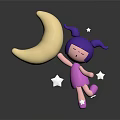 Cartoon Girl With Purple Pigtails Holding Crescent Moon And Stars