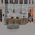 Industrial Style Interior Space With Spiral Staircase Red Brick Walls And Black Furniture