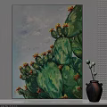 Vibrant Plant Painting of Green Cactus with Yellow Flowers and Blue Sky Background