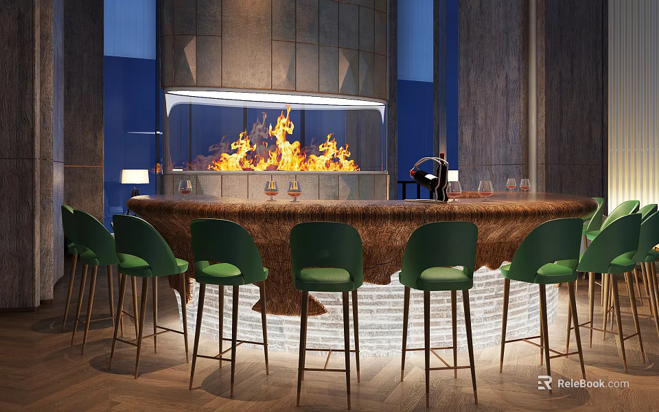 Modern Bar Counter With Green Chairs And Fireplace Flames And Wine Glasses 3d model 