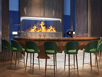 Modern Bar Counter With Green Chairs And Fireplace Flames And Wine Glasses 3d model