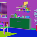 Modern Wooden Dining Sideboard With Microwave Toaster Vase Fruits And Upper Shelf In Dining Area