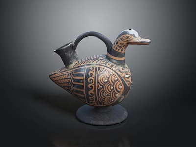 Ancient Duck Shaped Ceramic Vessel With Brown Black Patterns Curved Handle And Round Base 3d model