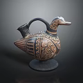 Ancient Duck Shaped Ceramic Vessel With Brown Black Patterns Curved Handle And Round Base 3d model