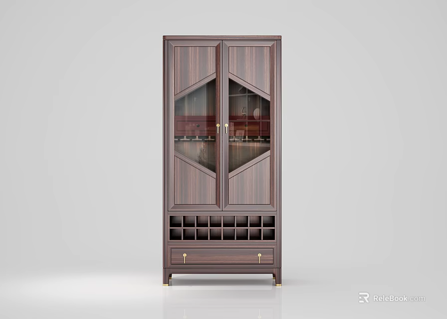 Dark Wood Wine Cabinet With Glass Doors And Wine Glass Storage Drawer 3d model 
