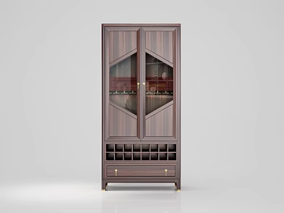 Dark Wood Wine Cabinet With Glass Doors And Wine Glass Storage Drawer 3d model
