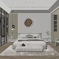 Modern Elegant Bedroom Interior With King Bed Round Mirror Striped Headboard Ottoman And Area Rug