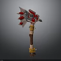Decorative Battle Axe With Red And Silver Spiked Head Wooden Handle Yellow Straps