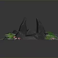 Modern Landscape With Black Rocks Blue Glowing Pool Green Plants And Red Mushrooms