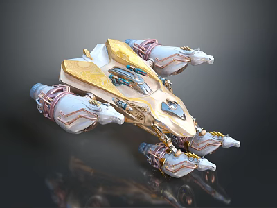Futuristic Sci-Fi Spaceship With Detailed Gold White Design And Multiple Metallic Engines 3d model