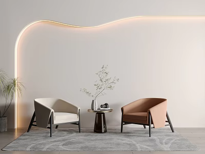 White and Brown Armchairs with Wavy LED Light Strip on White Wall and Gray Carpet 3d model