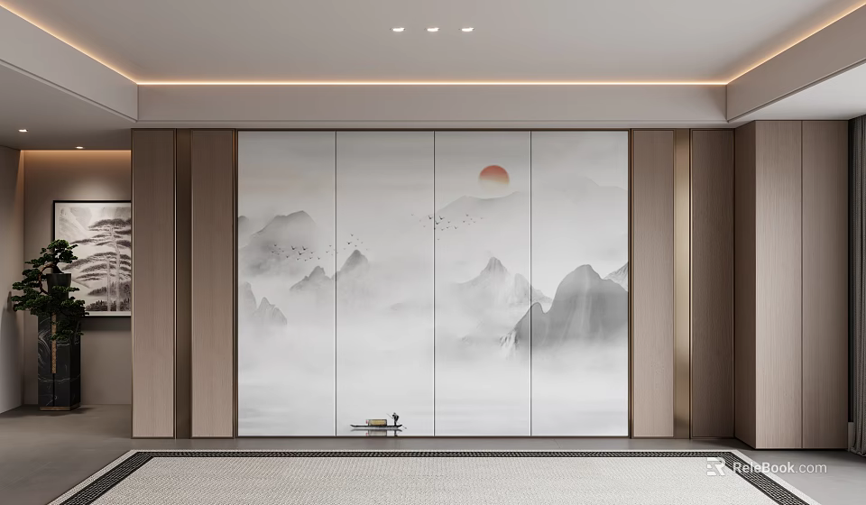 Modern Living Room Decorative Cabinet With Landscape Painting Background And Wooden Frame 3d model 