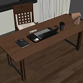 Functional Home Workspace With Wooden Desk Laptop Tablet Mouse Mug Tissue Box And Chair