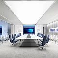 Modern Conference Room Interior Design With Long Table Blue Chairs And Large Screens