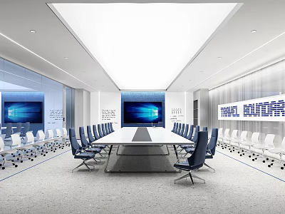 Modern Conference Room Interior Design With Long Table Blue Chairs And Large Screens 3d model