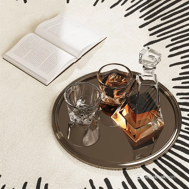 Elegant Whiskey Decanter and Glasses Arranged on Silver Tray with Open Book and Striped Rug 3d model 