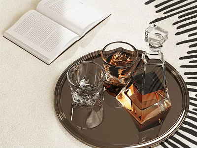 Elegant Whiskey Decanter and Glasses Arranged on Silver Tray with Open Book and Striped Rug 3d model