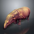 Brown Hippopotamus 3D Model With Textured Surface Standing On Dark Background And Reflection