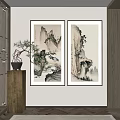 Traditional Chinese Landscape Paintings Featuring Mountains Pine Trees Calligraphy in Wooden Frames Hanging on Wall