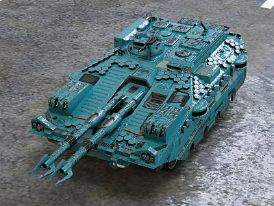 Teal Military Tank Vehicle With Dual Cannons Tracks And Heavy Armor 3d model