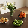 Fresh Green Apples Oranges Tangerines in Bowls on Wooden Table with Green Vase White Tulips