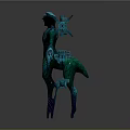 Game Movie Character with Horned Purple Blue Armor Surrounded by Multiple Weapon Parts