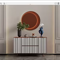 Modern Entryway Console Table And Side Cabinet With Round Mirror Green Plant And Decorative Items