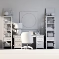 Rustic Wooden Desk With White Chair Round Mirror Bookshelves Books And Baskets