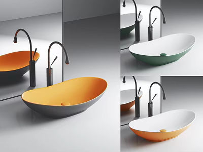 Modern Bathroom Interior Featuring Oval Orange White Green Washbasin With Black Faucet And Mirror 3d model