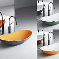 Modern Bathroom Interior Featuring Oval Orange White Green Washbasin With Black Faucet And Mirror