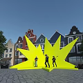 Yellow Star Shaped Installation With Live Band Performance And Colorful Buildings In Street Square