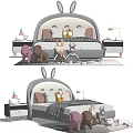 Cozy Double Bed With Rabbit Ear Headboard Soft Pillows And Stuffed Toys