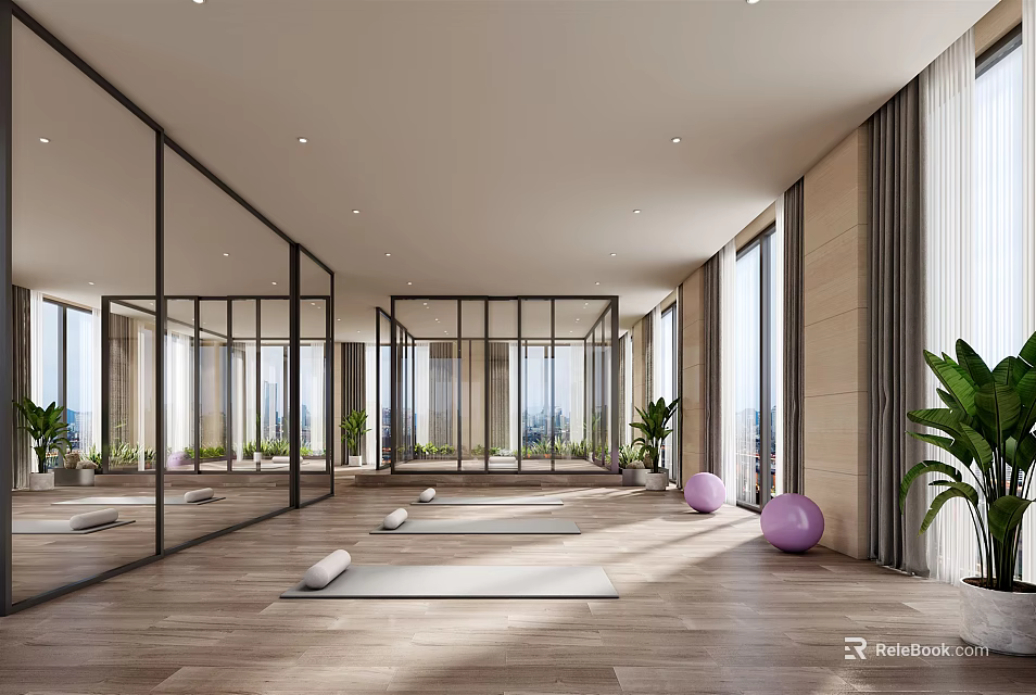 Spacious Bright Yoga Studio With Large Mirrors Wooden Floors Yoga Mats Plants And City View 3d model 