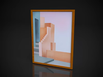 Abstract Geometric Architectural Landscape Painting With Wooden Frame Pink Background And Brown Gray Blocks 3d model