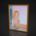 Abstract Geometric Architectural Landscape Painting With Wooden Frame Pink Background And Brown Gray Blocks