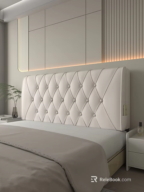 Elegant Modern Bedroom Interior with Beige Tufted Upholstered Headboard Nightstand and Potted Plant 3d model 