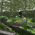 Scenic Park Landscape Featuring Lush Trees Winding Pathway Wooden Deck And Greenery