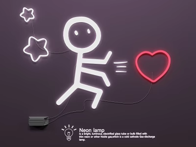 Creative Neon Lamp Combination With Stick Figure Stars And Heart Shape On Dark Background 3d model