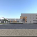 Modern School Building Exterior Design With Multiple Windows Front Courtyard And Landscaped Trees