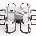 Modern Round Dining Table Set With Six White Black Chairs And Glass Top 3d model