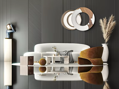 Modern Sofa Coffee Table Set With White Upholstery Round Wall Art And Accent Chair 3d model