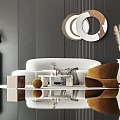Modern Sofa Coffee Table Set With White Upholstery Round Wall Art And Accent Chair