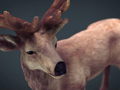 Realistic Brown Deer With Large Antlers Standing In Dark Studio Background 3d model