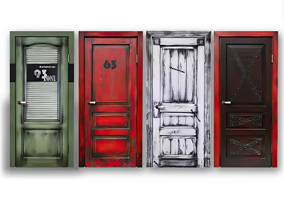 Four Different Colored Doors Featuring Various Designs And Decorative Details For Home Interior 3d model
