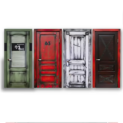 Four Different Colored Doors Featuring Various Designs And Decorative Details For Home Interior 3d model